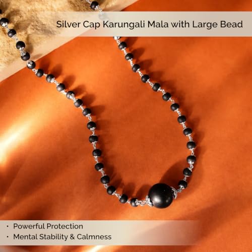 Image of Divine Hindu Karungali Mala with Silver Coated cap and larger bead Mala | Ebony Wood for Spiritual Healing,Protection & Meditation| Handcrafted Authentic Jewelry for Men & Women | Certified