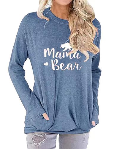 Women Mama Clothing New Mom Gifts Gifts for Pregnant Women Mama Bear Shirt Long Sleeve with Pockets Lakeblue