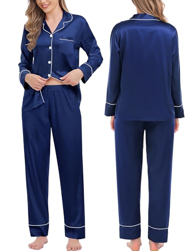 SWOMOG Couples Matching Pajamas Sets Women & Men Silk Satin Long Sleeve Button Down Sleepwear 2 Pcs Classic Loungewear Women Navy Blue Small2
