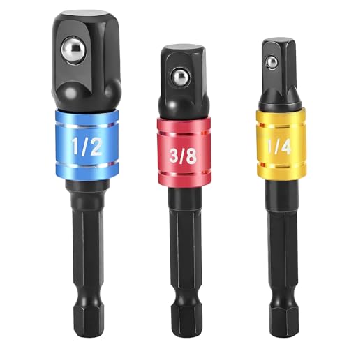 Impact Socket Adapter 3-Piece Set 1/4 3/8 1/2 Hex Shank Drivers Chrome Vanadium Steel Rust-Resistant Impact Wrench Adapter for DIY Automotive Drill Impact Driver