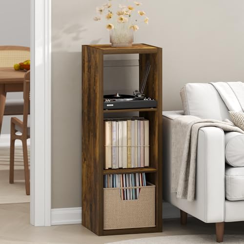 Image of Furinno Cubicle Record Player Stand, 3-Cube Record Storage, Amber Pine | Vinyl Storage, 1.2 inchInch Extra Thick, Open Back Media Shelf for CD DVD Bluray Game Disc, for Living Room, Home Office