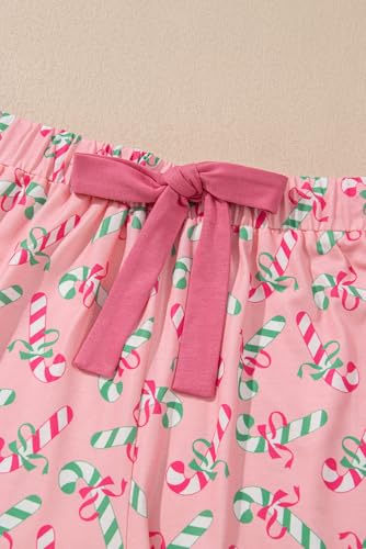 Image of KevaMolly Women Novelty Knotted Candy Cane Christmas Pajama Set | Christmas Floral Bow Print PJ Set, Button Lapel Knotted Drawstring Shorts with Convenient Side Pockets