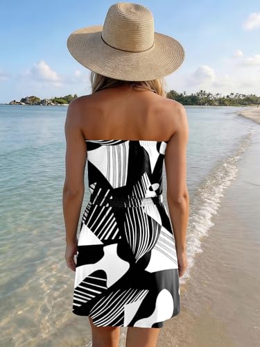 Image of SAUKOLE Summer Dresses for Women Bandeau Strapless Smocked Elastic Waist Sundress Tube Mini Dress with Pockets