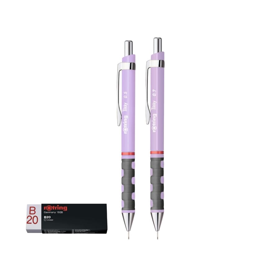 rOtring Tikky - Portaminas con goma de borrar Rapid B20 | HB | 0,7 mm 0,5 mm | Lila | 2 lápices + 1 borrador
