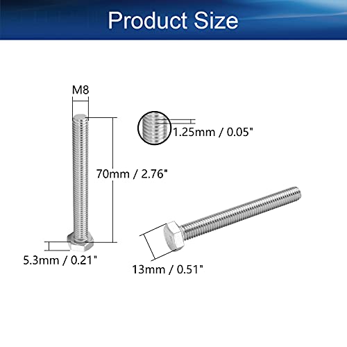 Image of Bettomshin 5Pcs M8 x 70mm Hex Bolts, 304 Stainless Steel 1.25mm Thread Pitch Fully Threaded Metric Hex Head Screw Bolts, Hexagon Screw Bolt, Hex Tap Bolts, Silver, A2-70 (Overall Size 75.3x13x13mm)