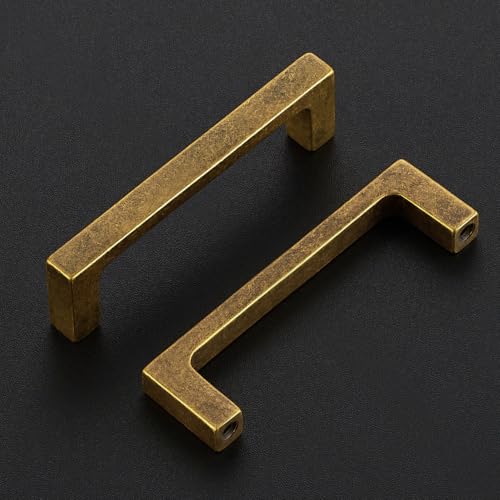 Image of Ravinte Antique Brass Kitchen Cabinet Solid Handles,3-1 /2 Inch,5 Pack | Solid Zinc Alloy, Modern Slim Style, Square Design, Deep-Thread Firm Base, Screws Included, for Kitchen Drawers & Cupboards