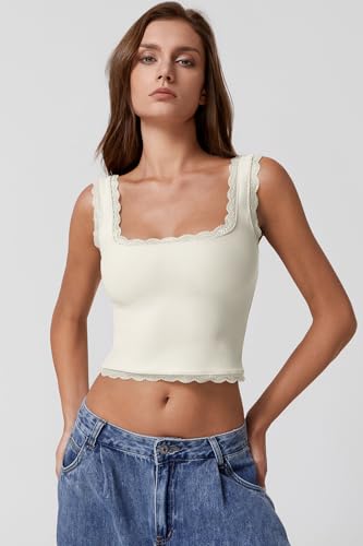 QINSEN Womens Square Neck Lace Trim Tank Tops Double Lined Slim Fit Summer Going Out Y2k T Shirts4