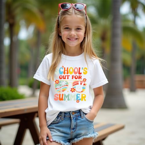 Image of MODNTOGA Girl Last Day of School Shirt Big Kid School's Out for Summer T-Shirt Flower Sunglasses Graphic Short Sleeve Tee Top (White, 10-11 Years)