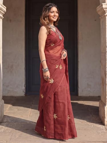 Image of AKHILAM Women's Shimmer Off White Chanderi Cotton Floral Hand Paint Embroidered Lace work Saree With Unstitched Blouse Piece | saree for woman | Designer Saree for Women | Soft and Skin Friendly