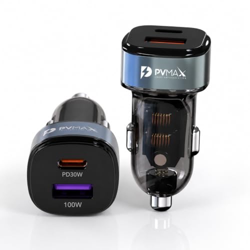 Image of PVMAX 130W Car Charger, Type-C PD 30W & USB 100W Dual Port Fast Charging, QC Certified, Car Mobile Charger Adapter for All iPhone, Android Smartphones & Laptop, 1 Year Warranty (Transparent)