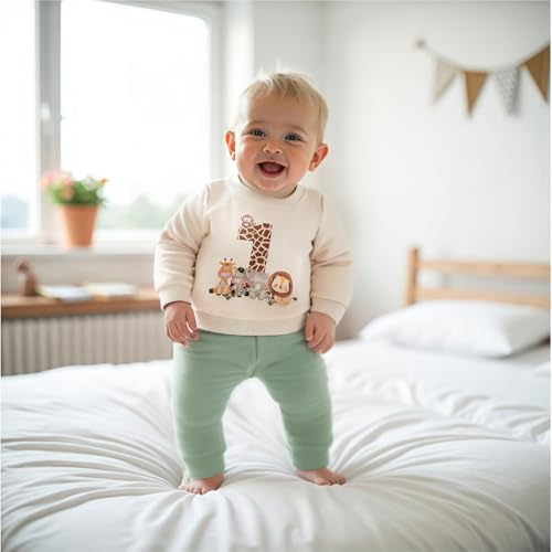 Geagodelia 1. Jahr Geburtstags Outfit Baby Junge Kleidung Set Langarm Sweatshirt und Hose Bekleidungssets für Jungen (1 Tiere Beige, 12-18 Months)