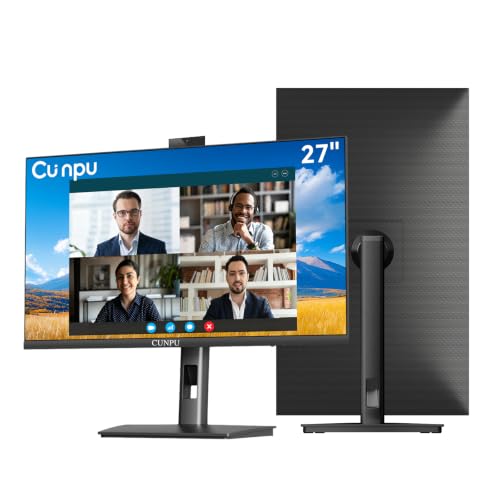 CUNPU 27 Inch Monitor with Camera Computer Monitor with Built-in 5MP 2K Webcam and Stereo Mic & Speakers QHD 1440P Vertical Monitor for Video Conferencing HDMI DP1.4 Port Swivel Pivot Adjustable