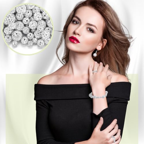 Remuuly 150 Pcs Rhinestones Beads for Jewelry Making, 16mm, 12mm, 10mm, 8mm, 6mm White Clay Beads Polymer Crystal Beads Round Pave Disco Ball Diamond Clay Beads for Necklace Earring Crafting