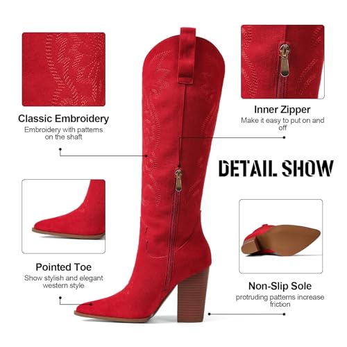 Image of VOMIRA Knee High Cowboy Boots for Women Pointed Toe Chunky High Heels Pull-on Embroidered Boots Western Boots Wide Calf Cowgirl Boots