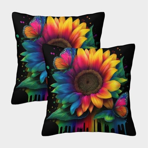 GXYUAOIEF Rainbow Sunflower Cushion Covers Set of 2 Colorful Butterfly Border Square Pillowcases for Outdoor Patio Garden Blench Living Room Sofa Farmhouse Decor with Invisible Zipper Bedding 45x45cm