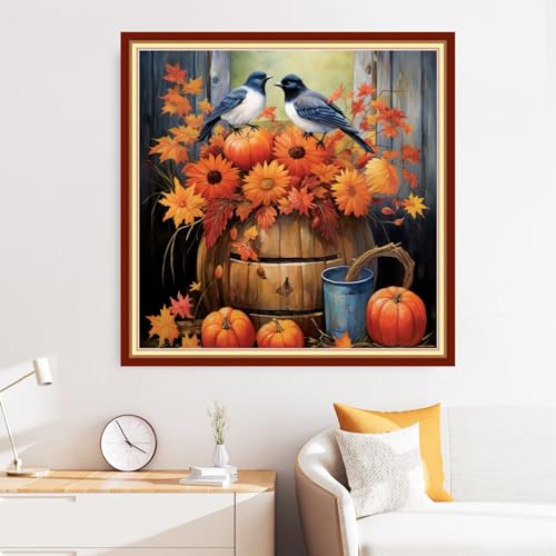 Image of Disxvivy Cross Stitch Stamped Full Embroidery Kits DIY 11CT Cotton Thread Printed DIY Needlepoint Kits Craft Needlework Set Cross-Stitch Stamped Sets-Flower Birds 18x18 inch