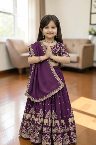 Image of Kids Chiffon Lehenga Choli, Embroidered Elephant and Floral Print, Festive Ethnic Wear with Dupatta