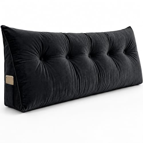 Image of Luxury Velvet Tufted Wedge Pillow with Side Pocket - Soft Headboard Back Support Cushion for Bed, Sofa & Floor Seating - Black Color