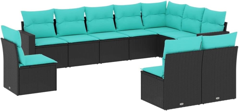vidaXL Patio Sofa Set with Cushions, 10-Piece Black Poly Rattan Outdoor Furniture, Modular Design, UV-, Washable Covers