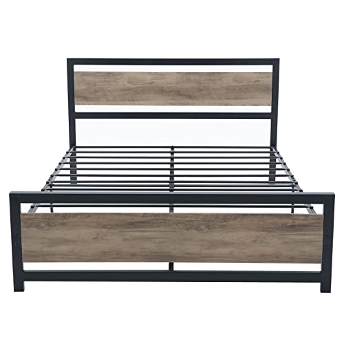 Catrimown Queen Bed Frame With Wooden Headboard, Industrial Heavy Duty Metal Platform Bed With Mattress Foundation And Strong Slat Support, No Box Spring Needed, Under Bed Storage, Noise-Free, Queen #TOP6