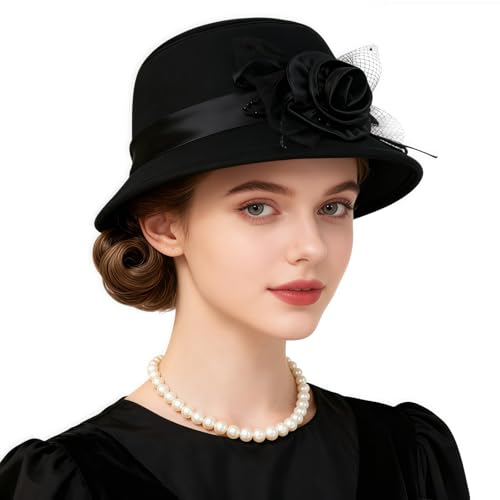 Black Church Hats for Women Wide Brim Felt Fedora Hat Vintage 1920s Style with Floral Decor for Wedding Party and Special Occasions