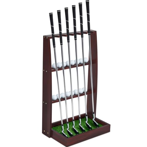 Lenwen Soporte de madera para palo de golf, organizador de palos de golf marrón para almacenamiento, deportes, interior, hogar, garaje (soporta 6 palos y 16 pelotas de golf)