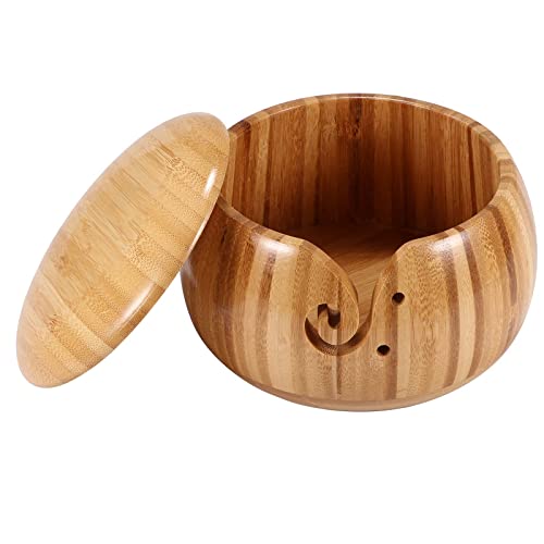 Handmade Bamboo Yarn Bowl with Lid and Holes