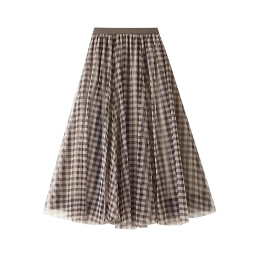 Women Patchwork Plaid Mesh Skirt High Waist A-Line Long Tulle Checked Layered Swing Chic Versatile Wear Khaki
