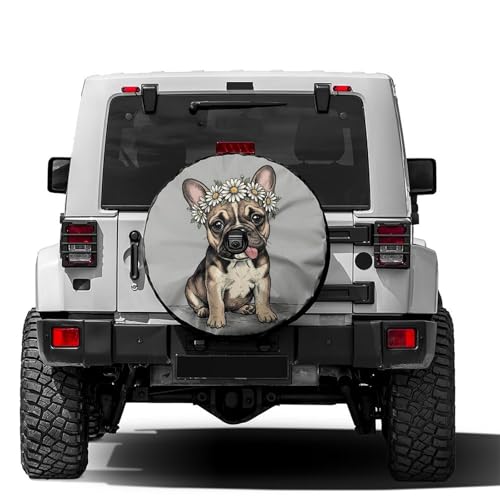 Image of Delerain Spare Tire Cover with Backup Camera Hole French Bulldog with Daisy Wheel Covers Waterproof Dust-Proof UV Sun Universal Fit for Jeep Trailer RV SUV Truck (18 Inch for Diameter 32 inch-34 inch)