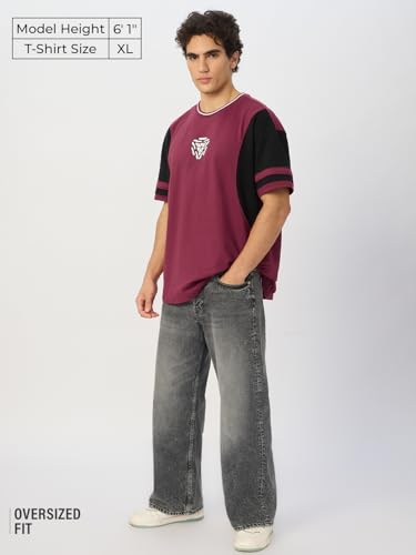 Image of The Souled Store Iron Man: Arc Reactor Men and Boys Short Sleeves Round Neck Maroon and Black Graphic Printed Cotton Oversized T-Shirts