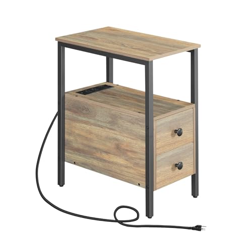 HOOBRO End Table with Charging Station, Narrow Side Table with 2 Drawer & USB Ports & Power Outlets, Nightstand for Small Spaces, for Living Room, Bedroom, Sapphire Brown UC541BZ01