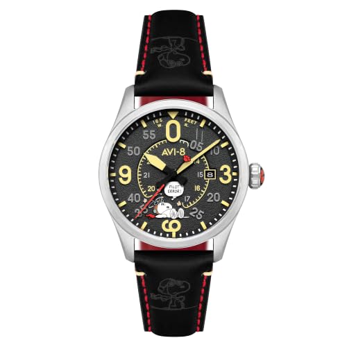 AVI-8 Spitfire Smith Automatikuhr für Herren, 42 mm, Snoopy Peanuts Flying Ace Pilot Error, Limitierte Auflage, Lederarmband, AV-4152, Mitternachtsmanöver