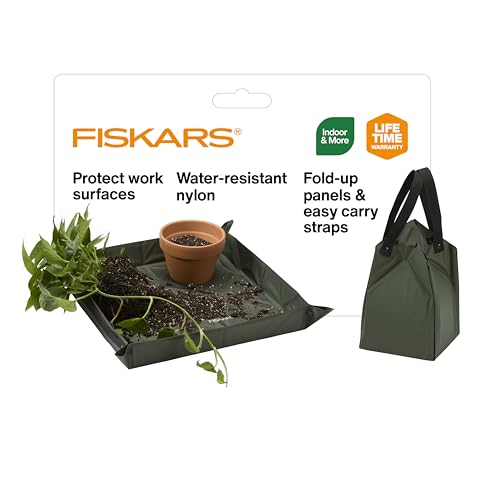 Fiskars Planting Mat for Indoor Gardening – Foldable Repotting Mat and Potting Tray with Snap-Up Sides, Durable Water-Resistant Nylon, 17.5" x 17.5"