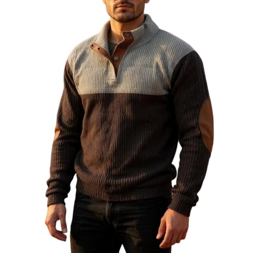 TIAFORD Men's Corduroy Stand Collar Long Sleeve Patchwork Sweatshirt Oversized Button Up Fall Outdoor Henley Pullover Tops