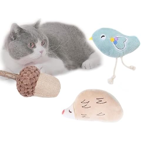 PAPIEEED Pet Catnip Toy for Indoor Cat, Acorn Cat Chew Toys Set, Plush Cat Kicker Interactive Game for Teeth Chewing Grinding - Acorn with Stick, Chick, Hedgehog Cover