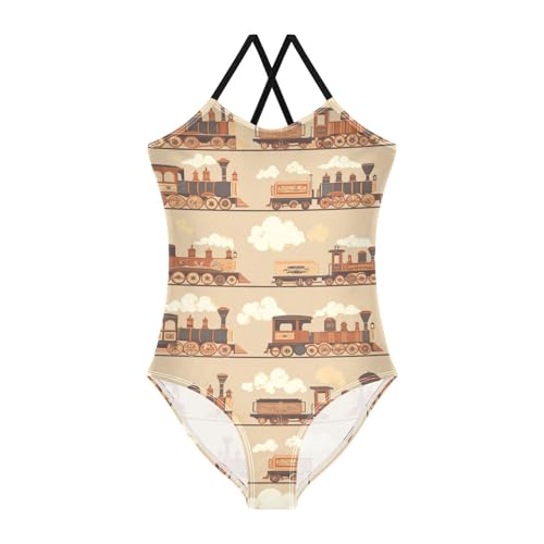 KLL Funny Steam Train Bronze Girls 1 Piece Swimsuit Beach Swimwear with Adjustable Straps Quick-Dry