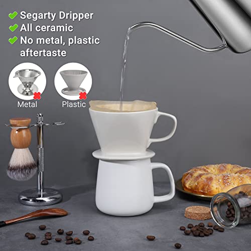 Image of Segarty Pour Over Coffee Maker, Single Cup White Ceramic Coffee Dripper, Size No.2 Reusable Filter Cone Drip Holder Slow Brewer with 3 Holes Flat Bottom for Home, Office, Travel, Camping