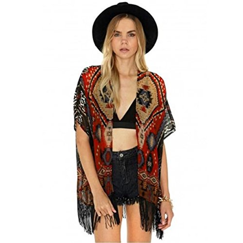 Lookatool Women Geometry Printed Tassel Chiffon Shawl Kimono Cardigan Tops Blouse (L, Brown)