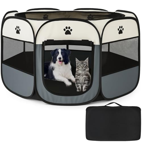 さえだ ペットサークル 折りたたみ式 91cm*91*58cm 犬 サークル 室内 猫 サークル 大型 八角形 ドッグハウス ペットサークル 屋根付き アウトドア 防災 猫 犬 ケージ 犬 サークル 折り畳み 室内 屋外 キャンプ メッシュサークル 頑丈 出産室 大型犬 小型犬 猫 専用収納袋付属 (グレー, L-91x58cm, 8)の商品画像（Amazon）