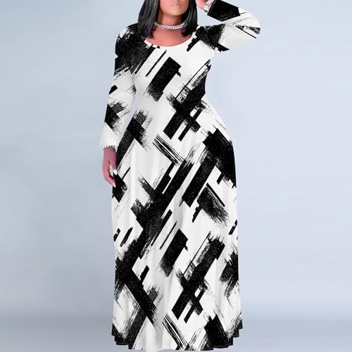 Image of PinkPatty Plus Size Maxi Dress for Curvy Women Crew Neck Long Sleeves Casual Dress Vacation Sundresses with Pockets