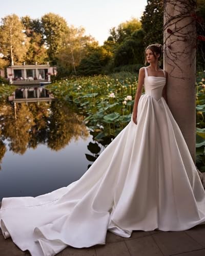 Square Neck Satin Wedding Dresses for Bride Pleated Sleeveless A Line Drop Waist Bridal Gowns 2025 with Train2