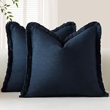 OTOSTAR Set of 2 Linen Fringe Decorative Throw Pillow Covers 20x20 Inch Soft Accent Cushion Covers with Tassels Boho Farmhouse Home Decor Pillowcases for Sofa Couch Patio Bed Living Room, Navy Blue