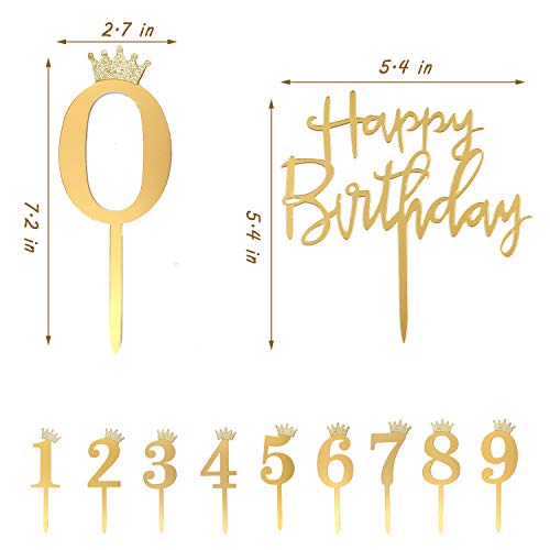 Anyi16 Acrylic Numbers 0-9 Crown Cake Topper And Gold Acrylic Happy Birthday Cake Toppers For Wedding Anniversary Or Birthday Party Decorations,Set Of 11 (Gold) #TOP1