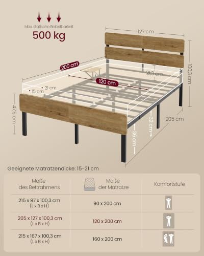 VASAGLE Doppelbettgestell, 120 x 200 cm, LED-Beleuchtung, Metallrahmen – Ansicht 6