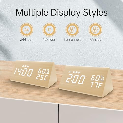 Image of JALL Digital Alarm Clock, with Wooden Electronic LED Time Display, 3 Alarm Settings, Humidity & Temperature Detect, Wood Made Electric Clocks for Bedroom, Bedside (Yellow)