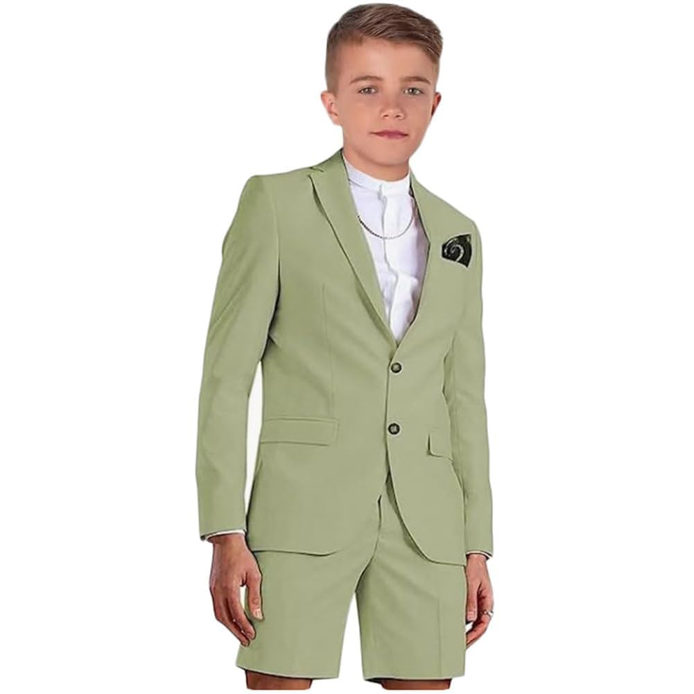 optkeat 2 Pieces Slim Fit Summer Kids Tuxedo Suit Set Notch Lapel Outfit Boys Blazer Shorts Set for Summer Beach Wedding Prom