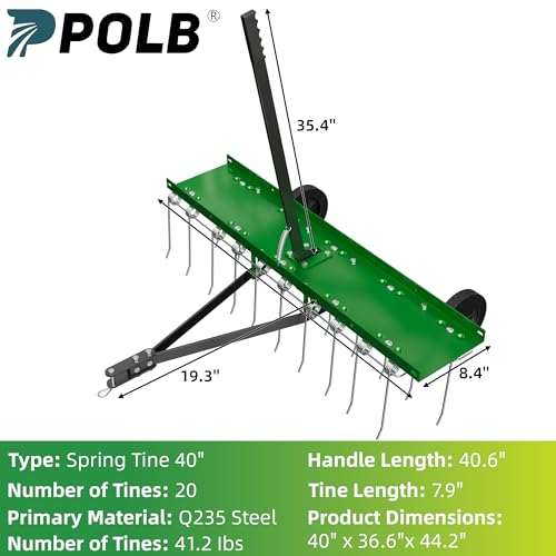 PPOLB 40 Inch Green Tow-Behind Dethatcher with 20 Spring Steel Tines, Pull Dethatcher for Outdoor Yard Care, Garden Farm Grass Tractor Rake to Remove Thatch, Leaves and Needles from Large Lawn Areas