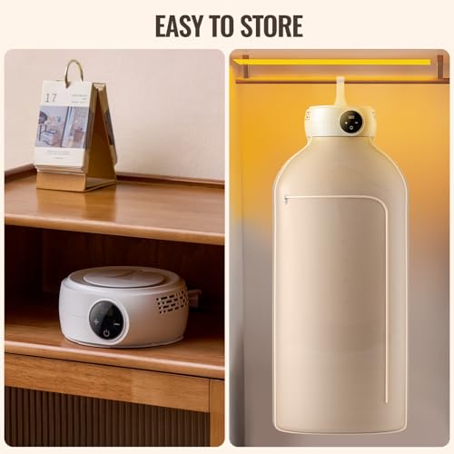 Happybuy Portable Clothes Dryer, Clothes Dryer with Dryer Bag, PTC Heating & LED Display, Foldable Mini Dryer with 5-Hour Timer for Apartments, Dorms, RVs, or Hotels, 600W, Beige