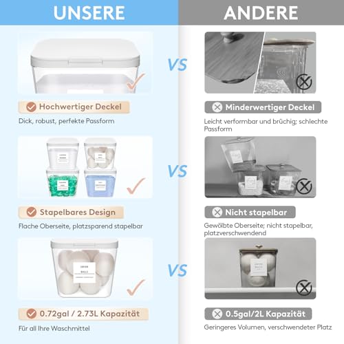 Lifewit 2700 ml/0.72gal Wäsche Pods Behälter mit Druckverschluss, Waschpulver Aufbewahrungsbox mit Etikette und Löffel, Waschmittelbox, Waschmittel Aufbewahrung für Pulver Perle Duft Booster, 4 Stück