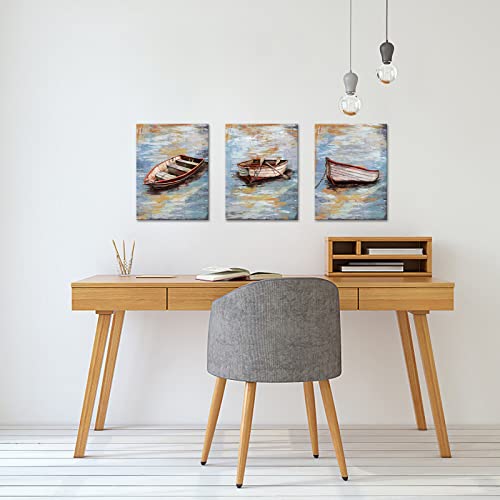 Lovehouse Boat Painting Wall Art Abstract Fish Boats Reflection Picture Bathroom Canva Print Artwork Framed Nautical Seaside Home Decor For Living Room Bedroom Decor 12X16Inchx3Pcs #TOP1